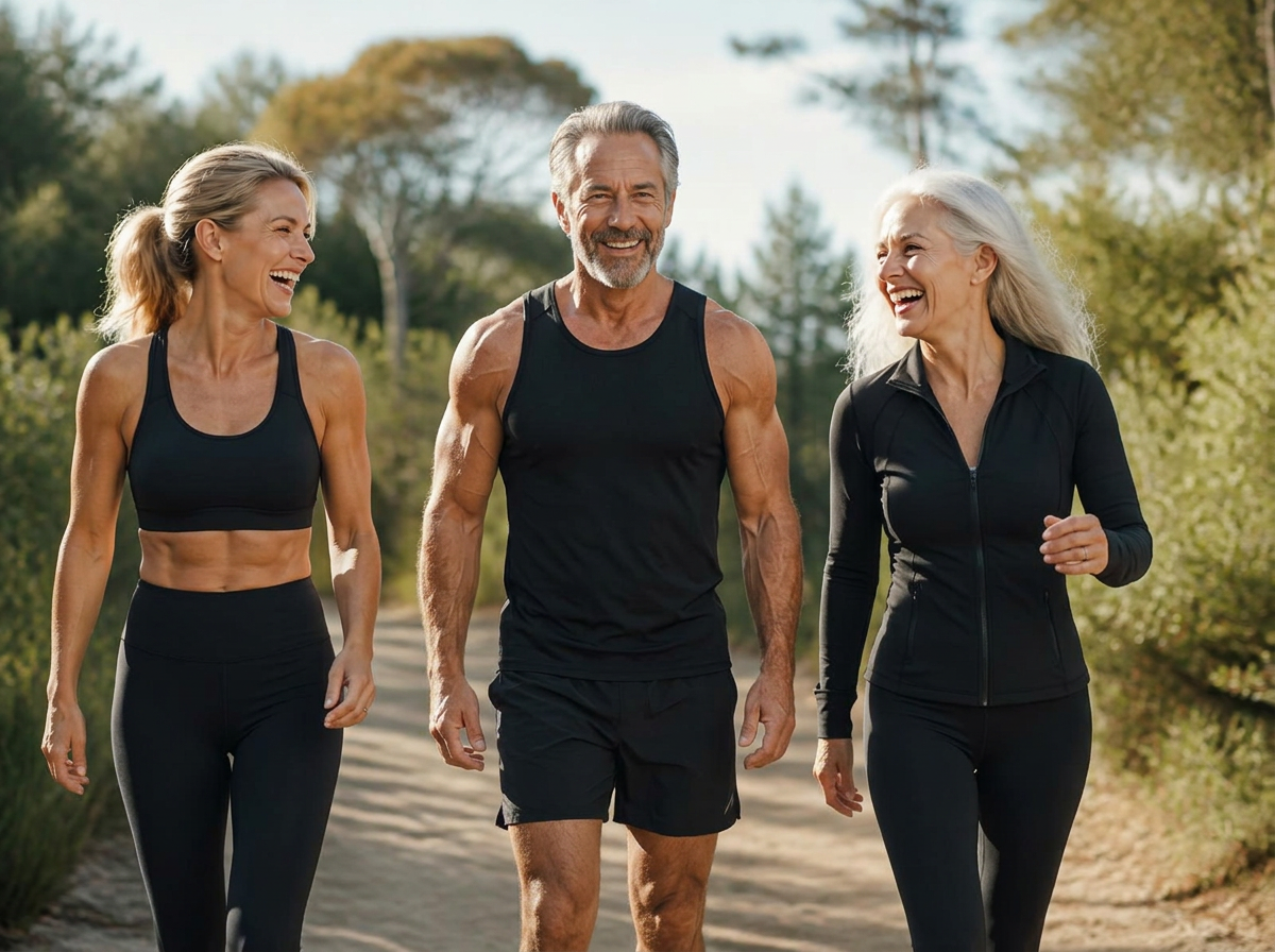 Hombre musculoso y mujeres tonificadas con ropa deportiva negra caminando con energía al aire libre