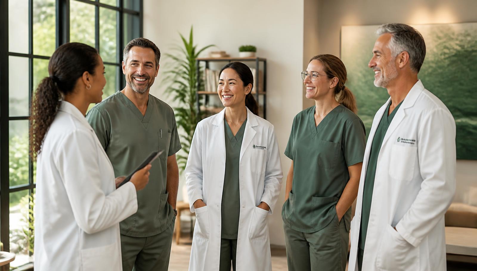 Equipo de médicos revitalizadores conversando con energía en un espacio luminoso