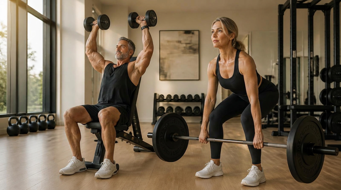 Hombre musculoso y mujer atlética con ropa deportiva negra levantando pesas en un gimnasio luminoso